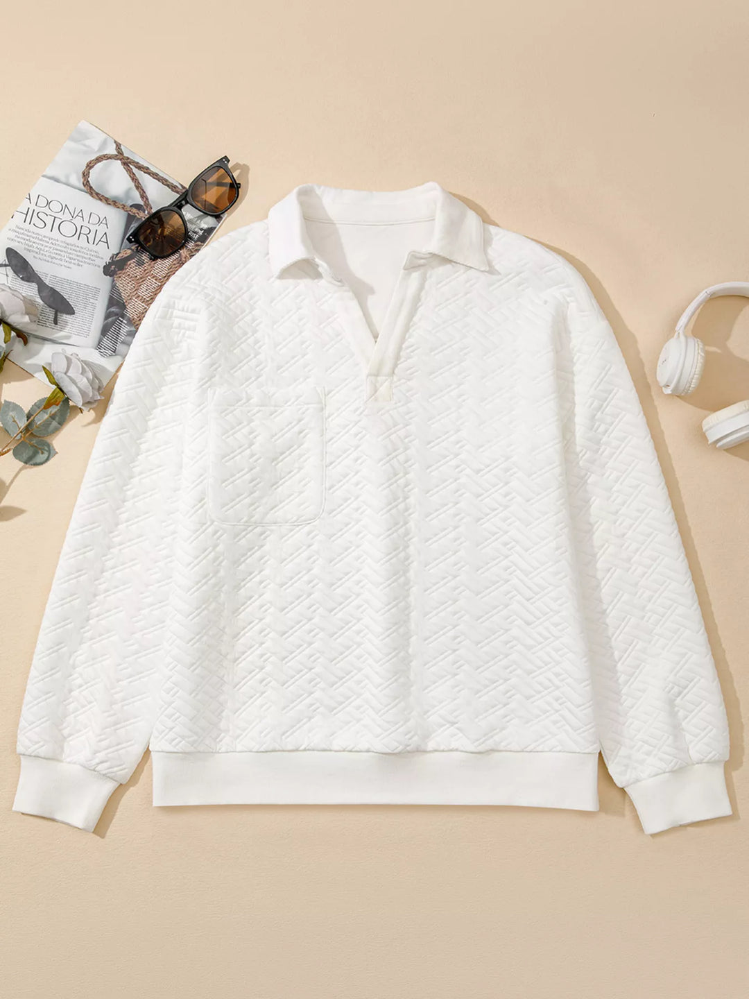 Textured basketweave johnny collar pullover sweatshirt