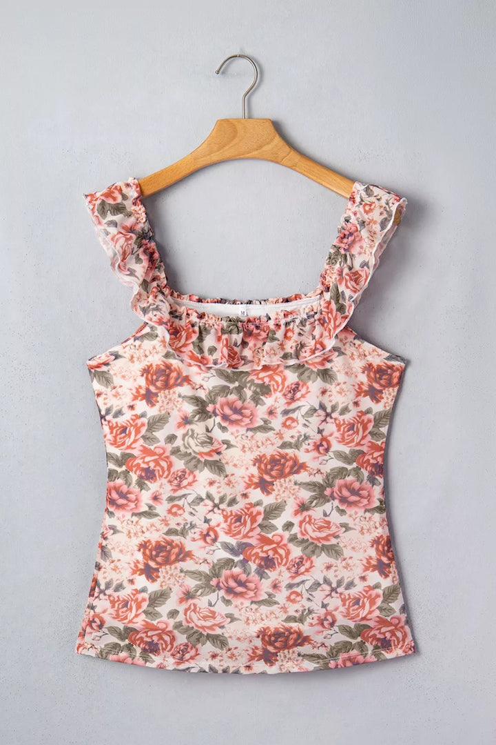 Floral ruffle-trim square-neck fitted tank top