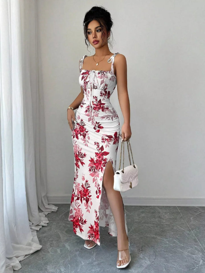 Deep Red Floral print tie-strap maxi dress with side slit