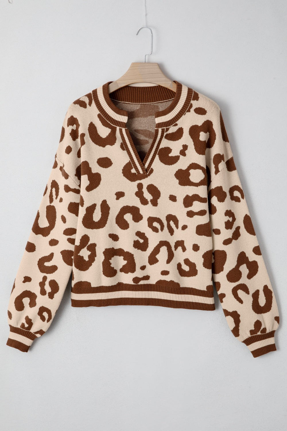 Leopard knit V-neck pullover with notched ribbed trim