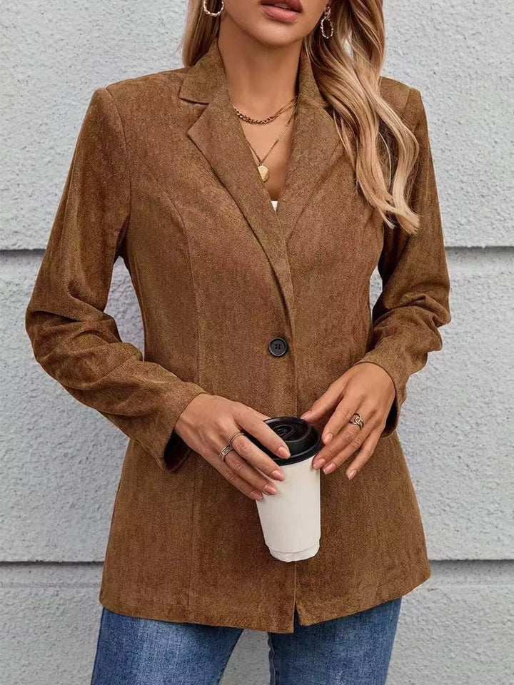 Brown Notched lapel single-button blazer with faux suede finish