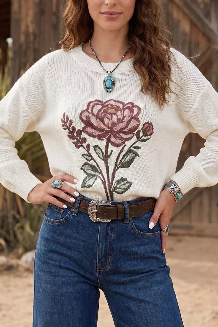 White Rose floral drop-shoulder crewneck knit sweater