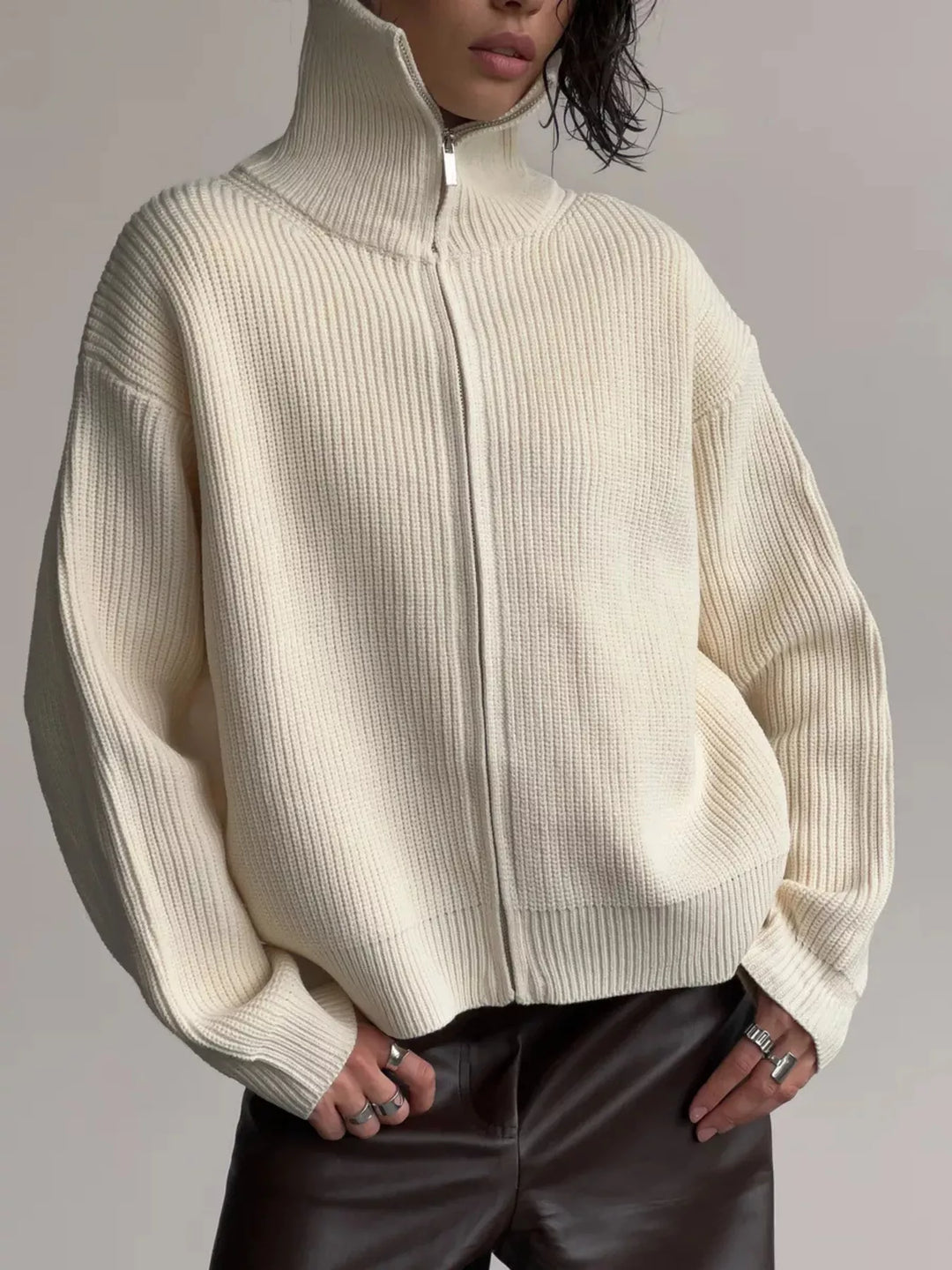 Zip-up ribbed knit cardigan with funnel neck and drop shoulders