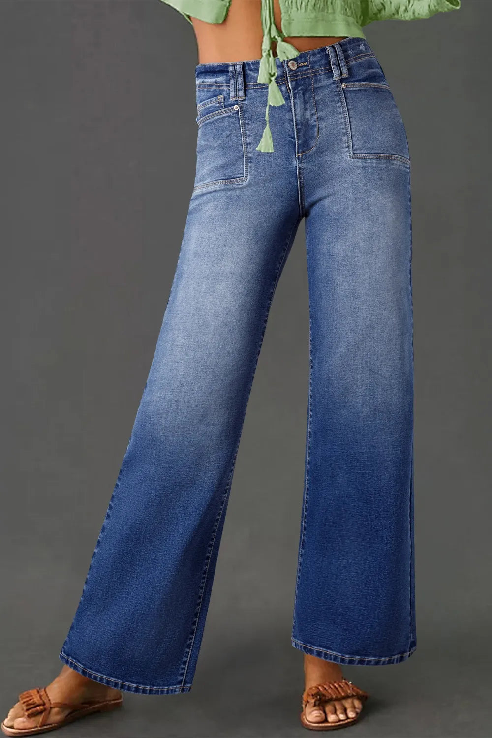 Vintage wash high-rise wide-leg jeans with patch pockets