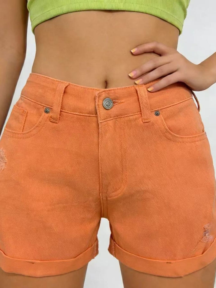 Orange-red High-rise distressed denim shorts with cuffed hem