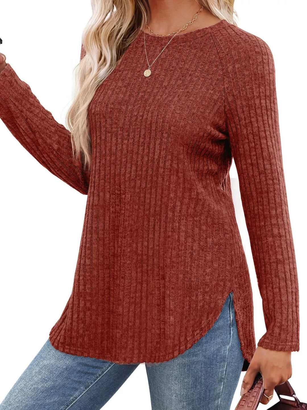 Ribbed knit crew neck long sleeve top with curved hem