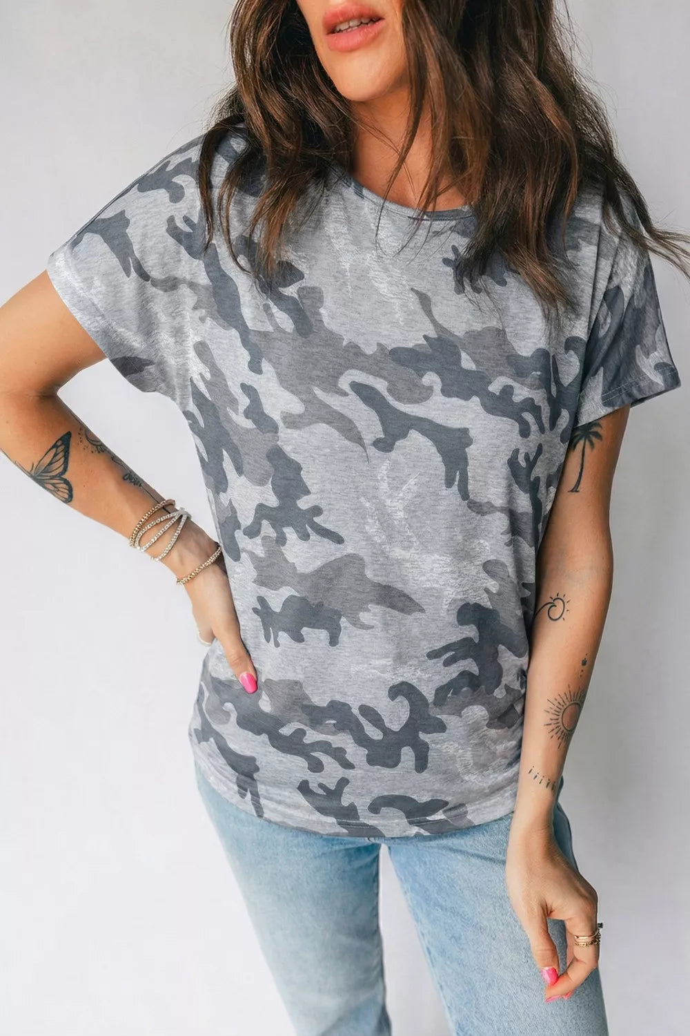 Gray Camo print relaxed short sleeve crew neck tee