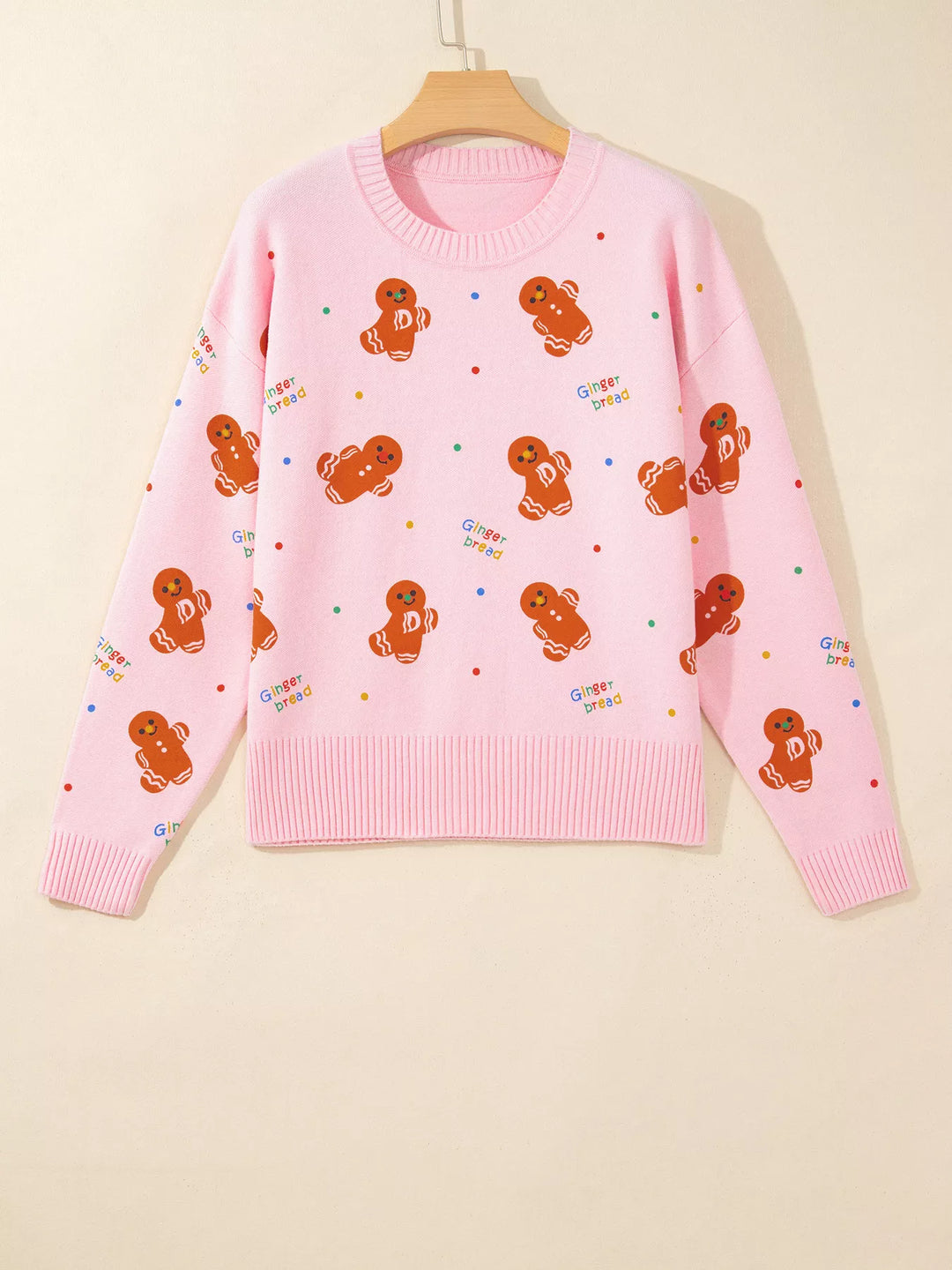 Gingerbread print crew neck knit sweater