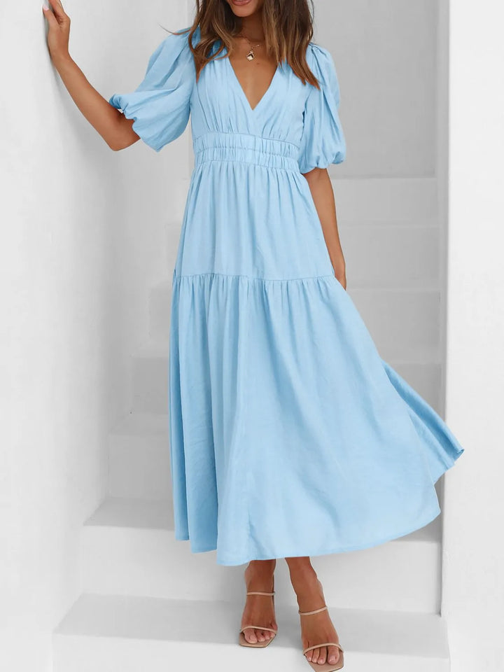 Light Blue Ruched waist puff sleeve v-neck tiered midi dress