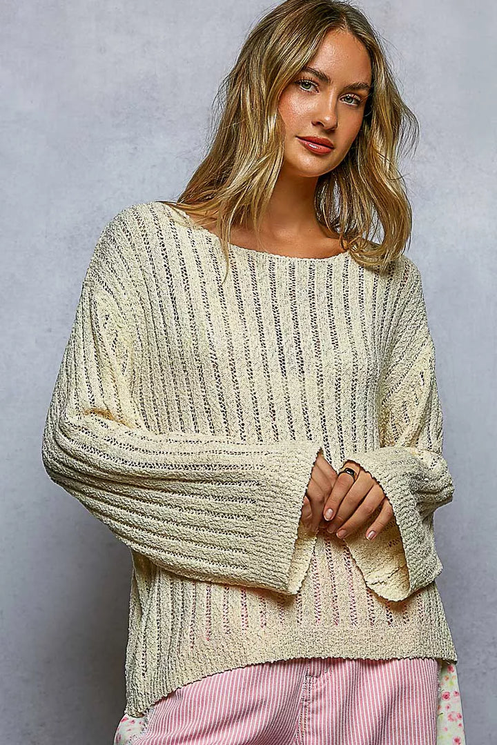 Open-weave pointelle knit sweater with wide neckline
