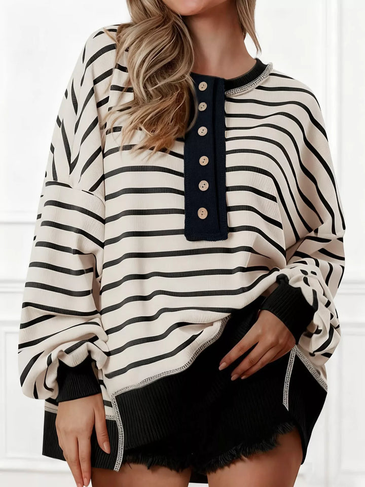 Striped henley sweatshirt with wooden button placket