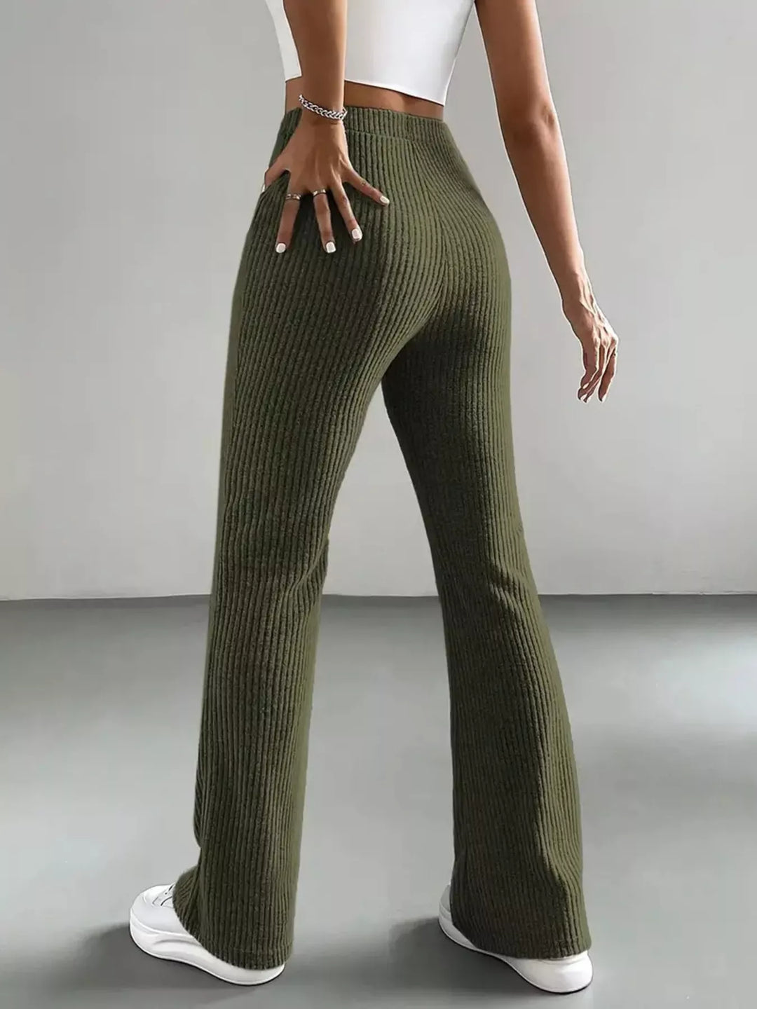 High-rise ribbed knit flare pants