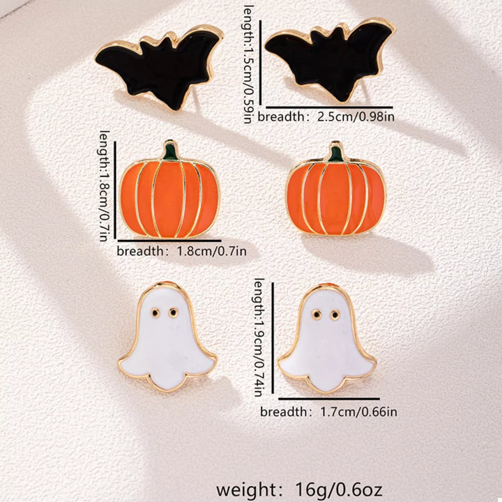 Halloween pumpkin, ghost and bat stud earring 3-pair set
