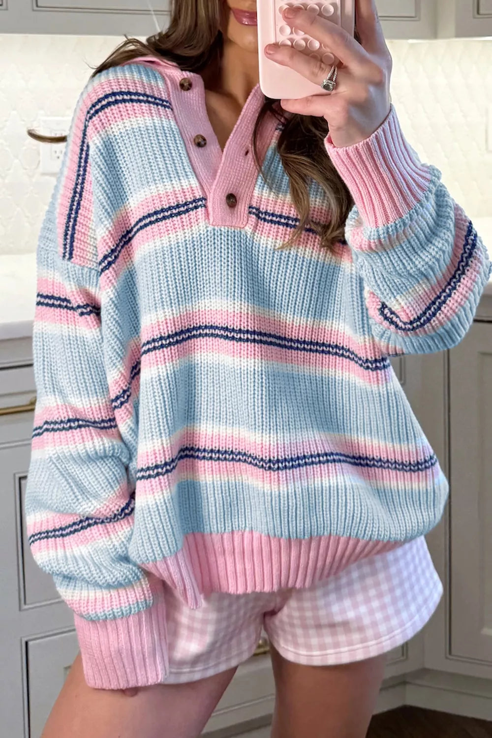 Light Blue Striped ribbed knit button-collar pullover sweater