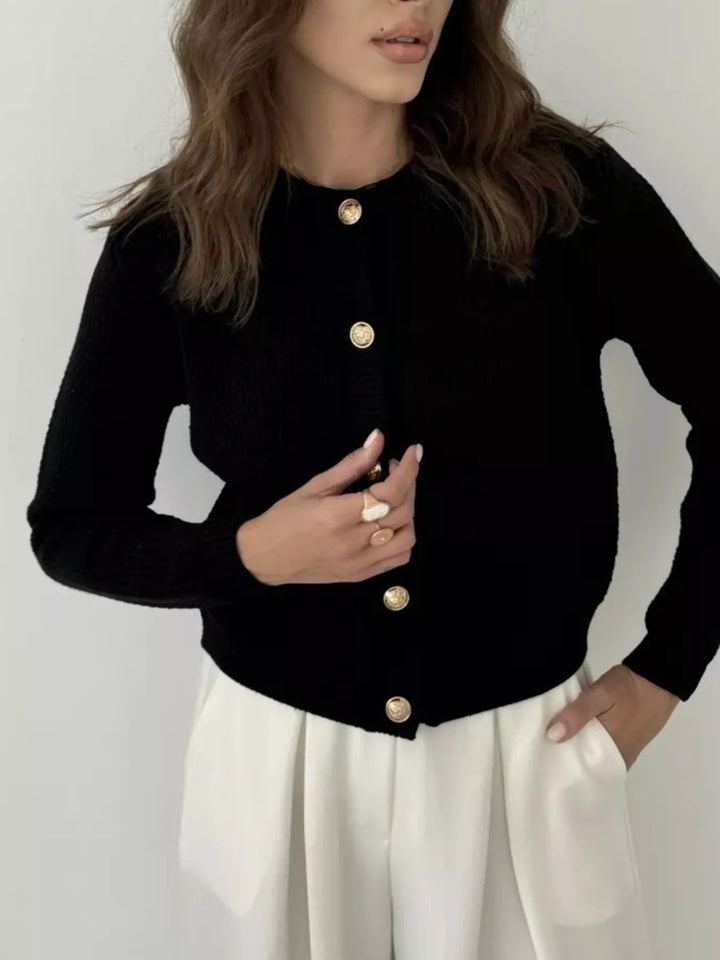 Textured waffle-knit button-up cardigan with gold buttons