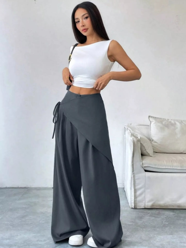 High-rise wrap-front wide-leg pants with drawstring tie