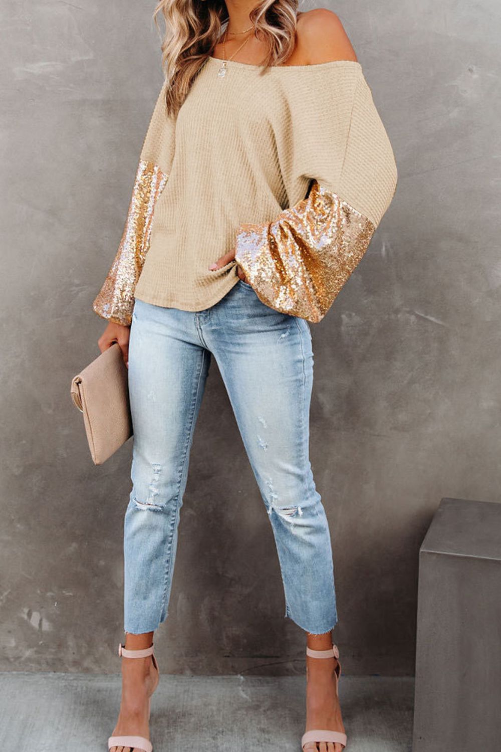Sequin-sleeve waffle-knit top with wide neckline