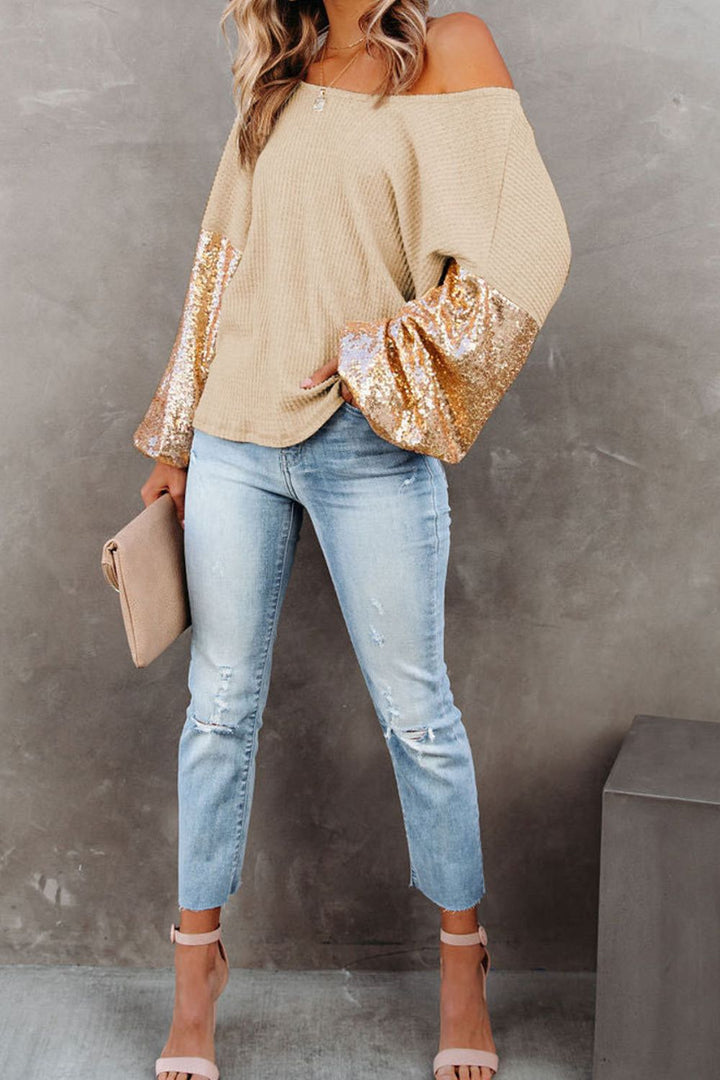 Sequin-sleeve waffle-knit top with wide neckline