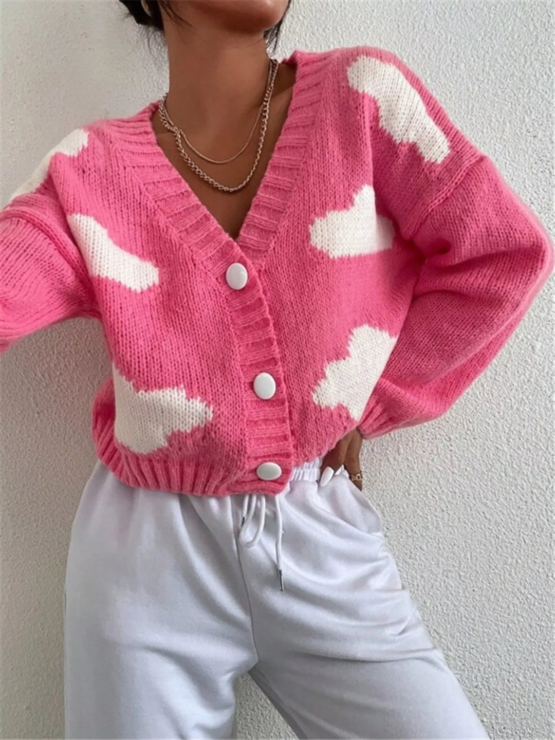 Hot Pink Cropped cloud-print button-up V-neck knit cardigan