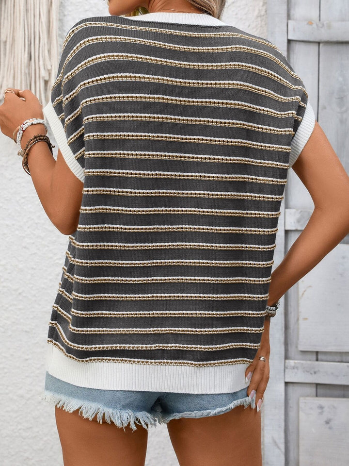 Striped ribbed knit short sleeve sweater top with contrast trim