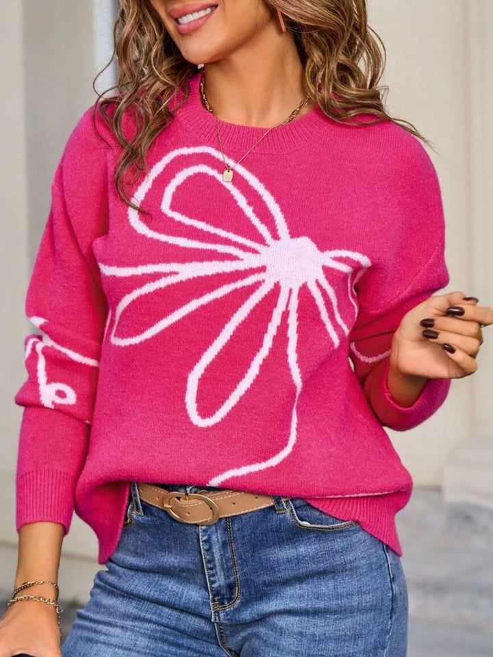 Floral print crew neck knit pullover sweater