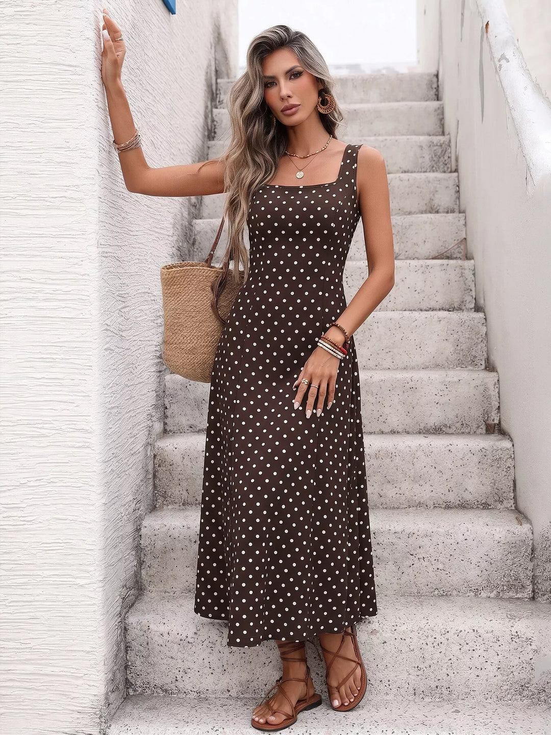 Sleeveless polka dot square-neck maxi dress