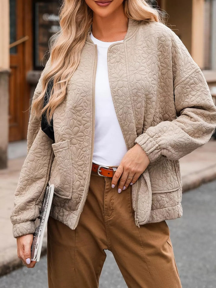 Khaki Floral quilted zip-up bomber jacket with pockets