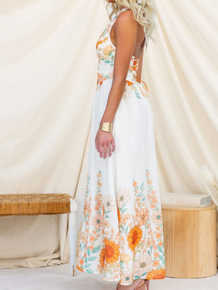 Sunflower print halter maxi dress with plunge neckline