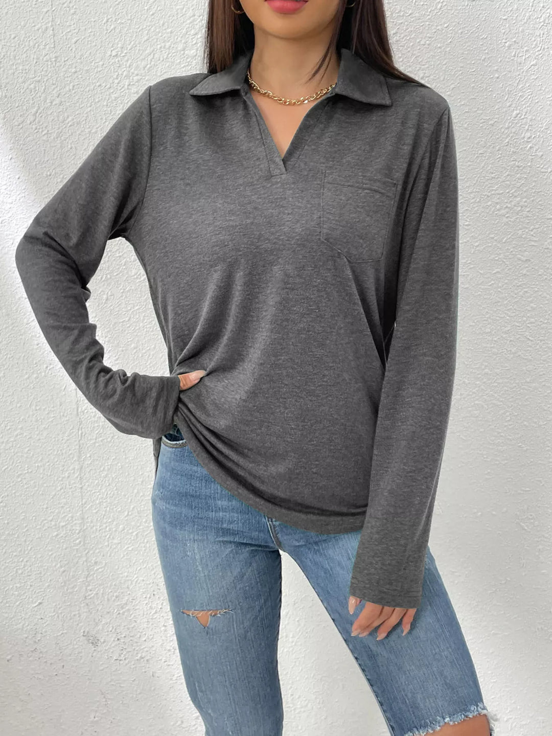 Dark Gray Collared long sleeve polo top with chest pocket