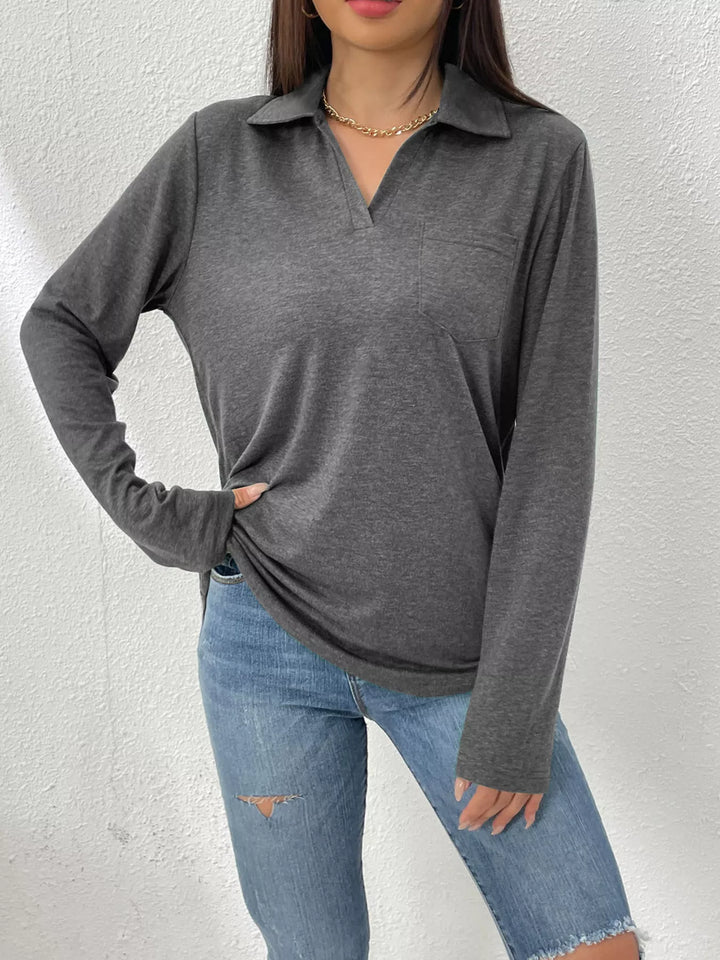 Dark Gray Collared long sleeve polo top with chest pocket