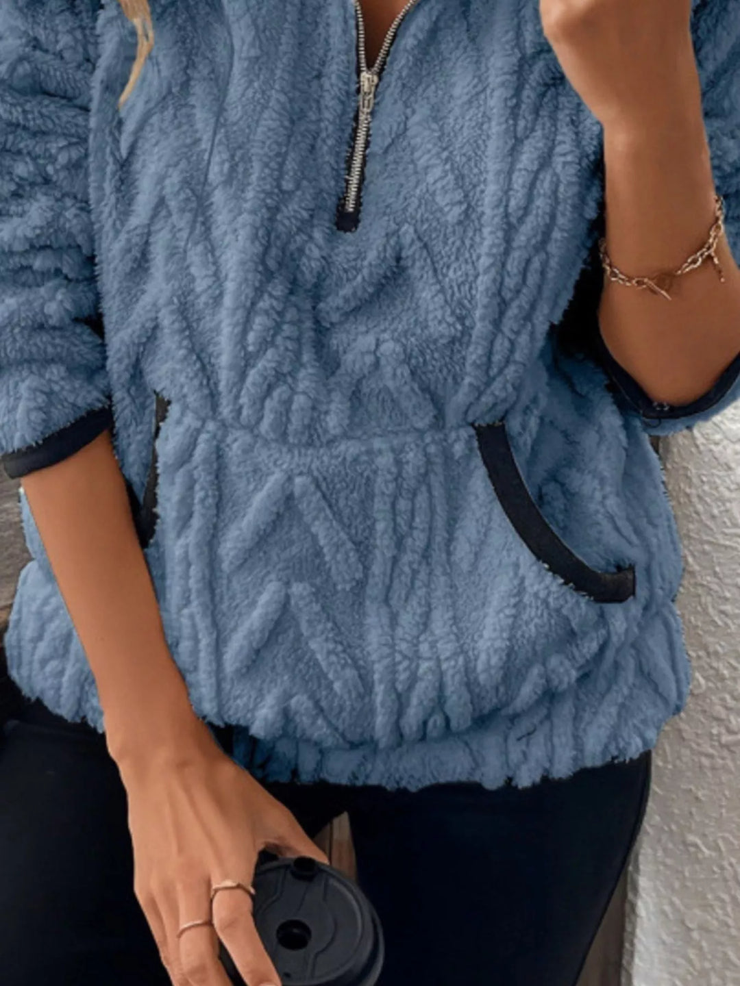 Textured sherpa half-zip pullover with contrast trim