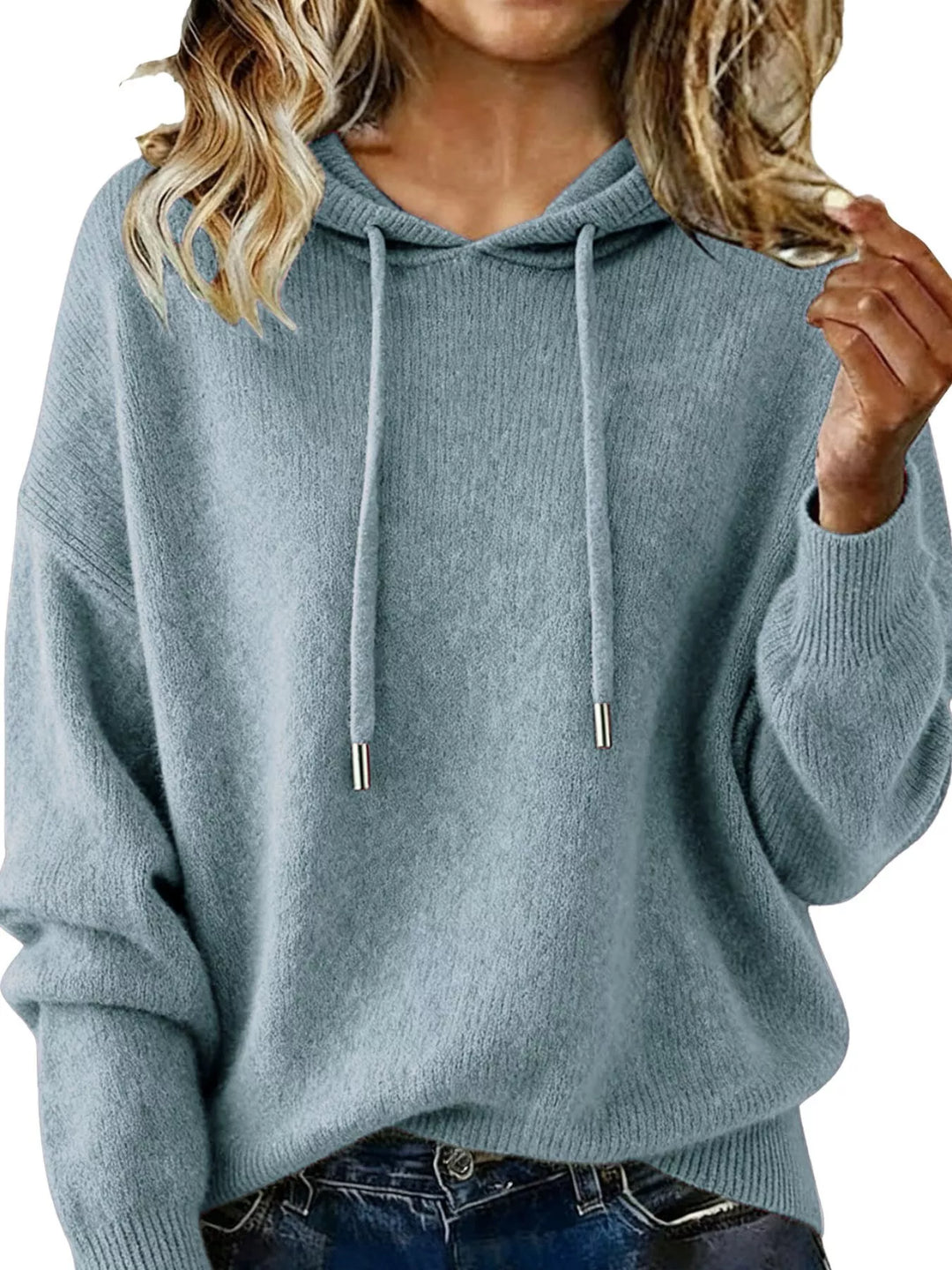 Air Force Blue Drawstring hooded knit pullover sweater with ribbed cuffs