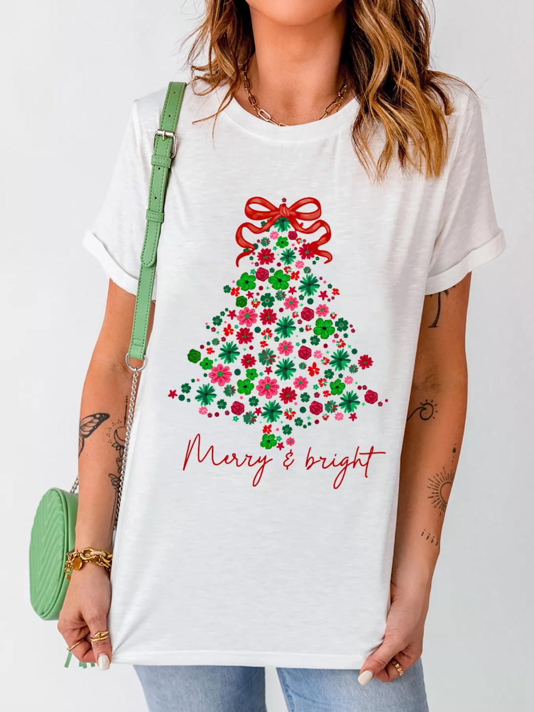 Merry &amp; bright floral Christmas tree graphic tee