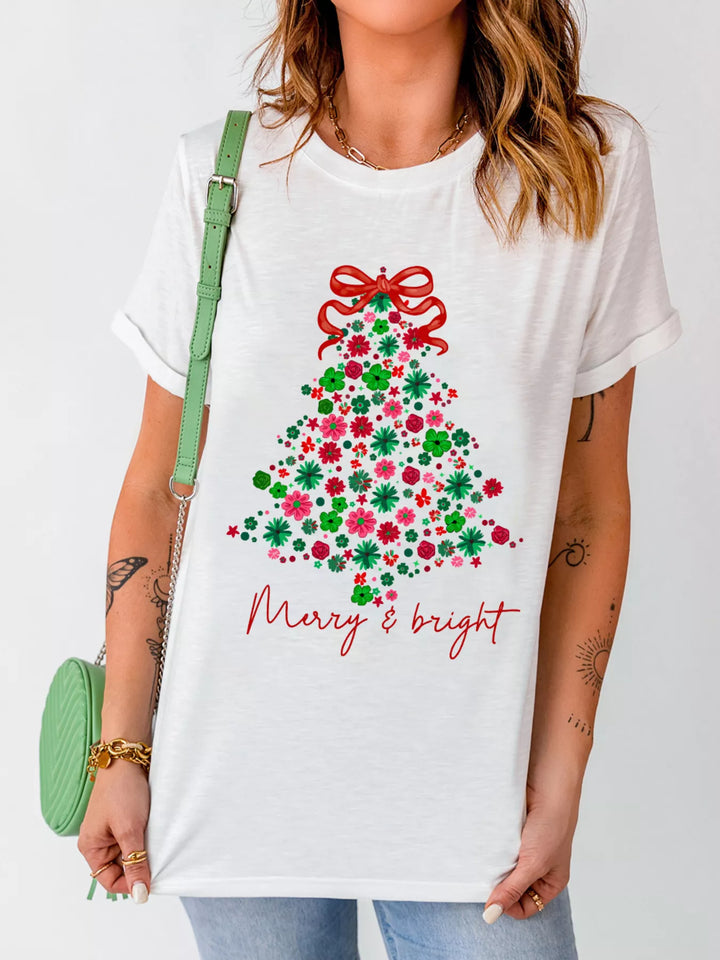 Merry &amp; bright floral Christmas tree graphic tee