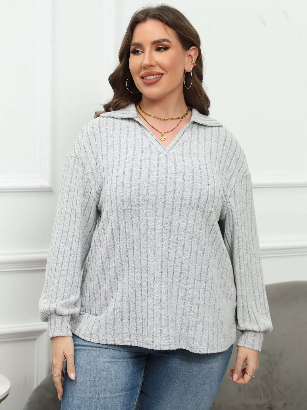 Plus size ribbed knit polo collar long-sleeve top