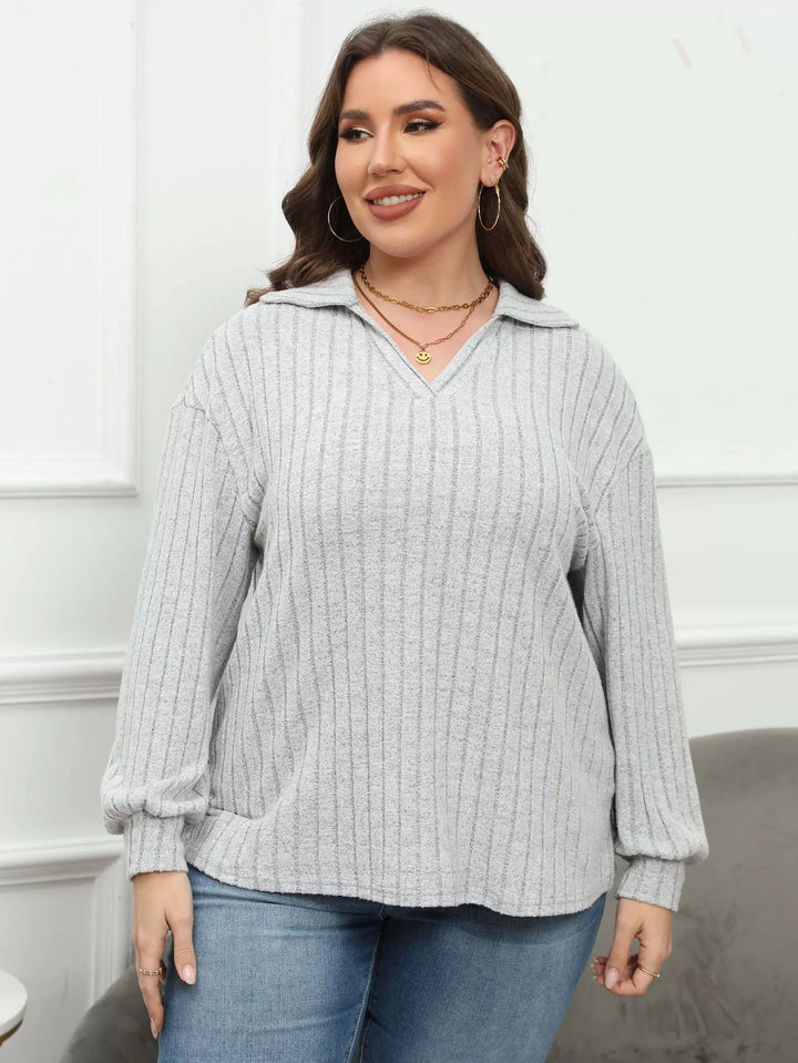 Plus size ribbed knit polo collar long-sleeve top