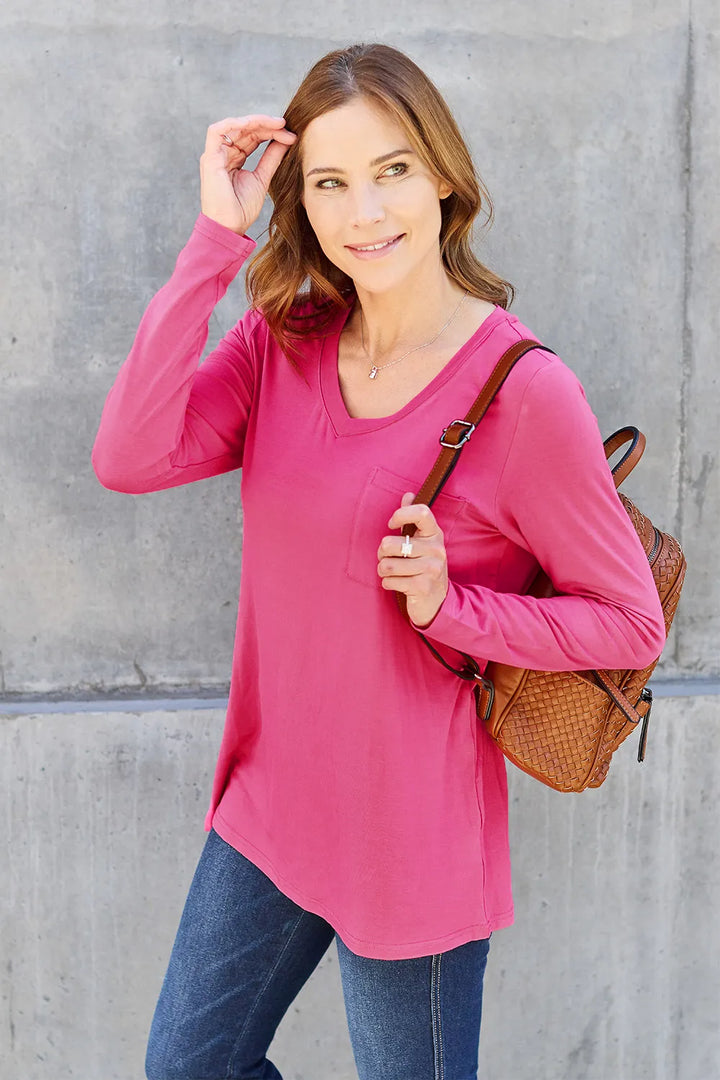 V-neck long sleeve top with chest pocket