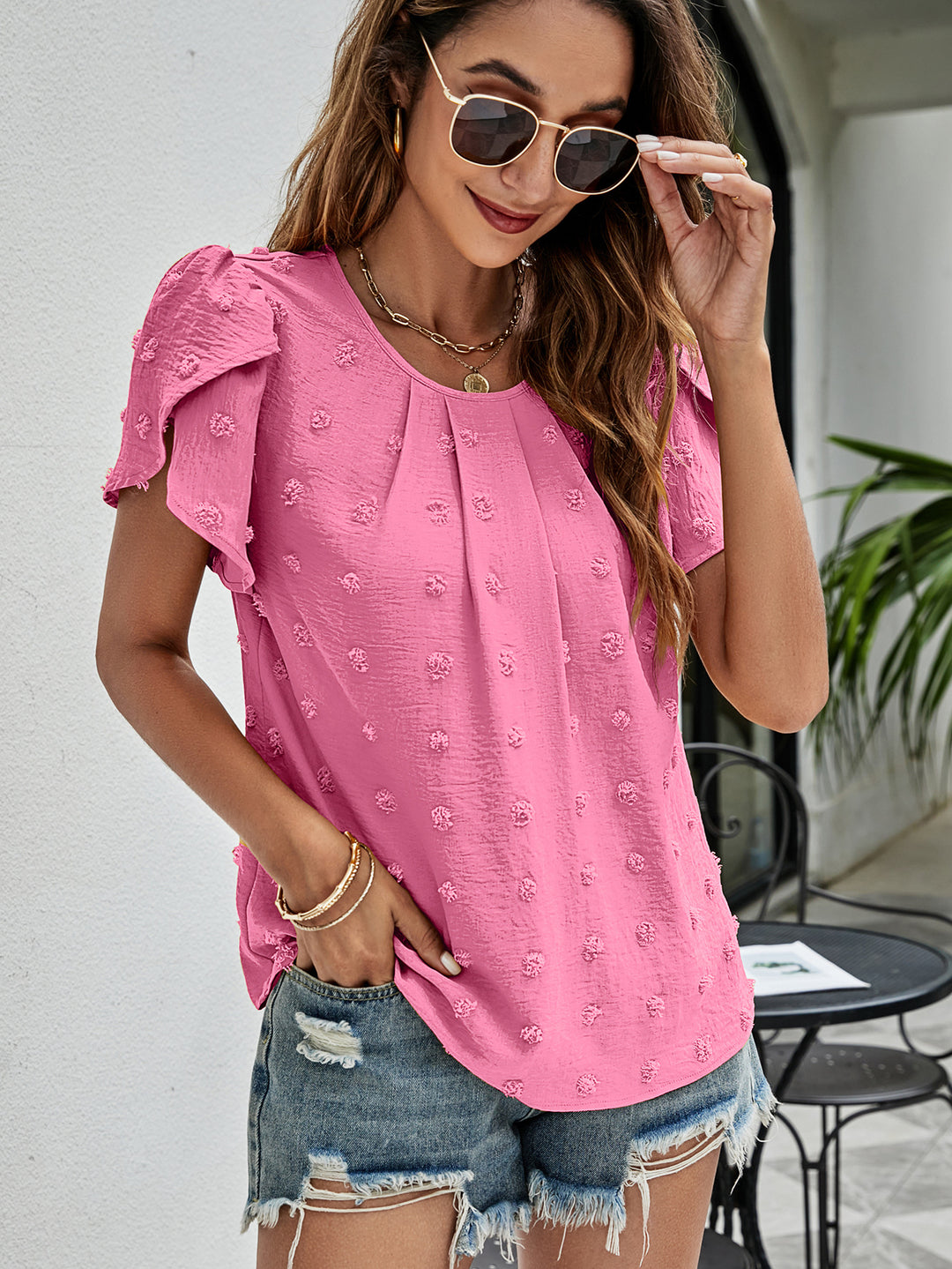 Swiss dot petal sleeve top with pleated round neck