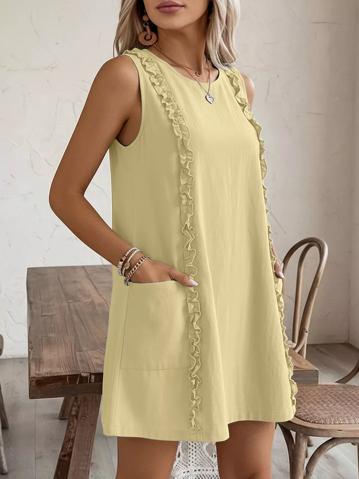 Ruffle-trim sleeveless mini dress with side pockets