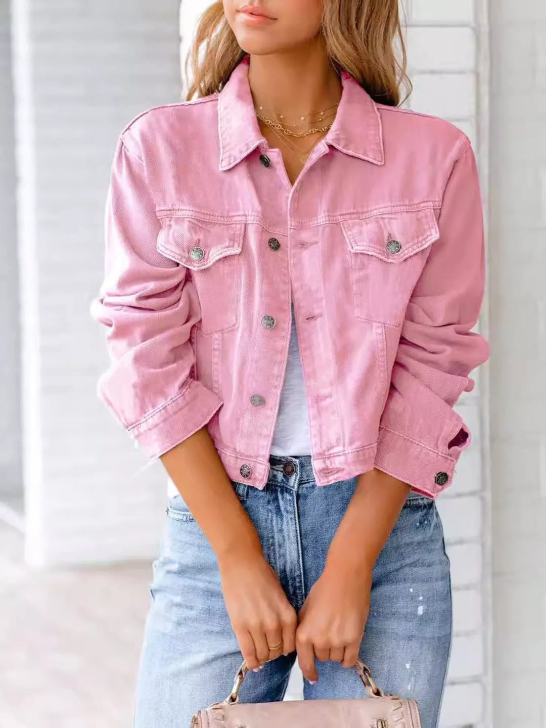 Blush Pink Cropped button-up denim jacket with chest pockets