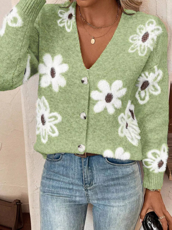 Light Green Fuzzy floral knit button-up V-neck cardigan