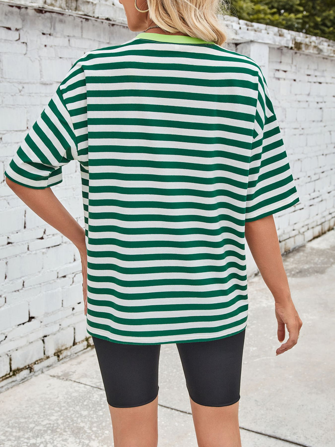 Oversized striped tee with contrast ribbed crew neck