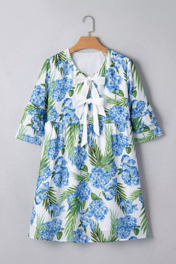 Floral print tiered bell sleeve mini dress with bow
