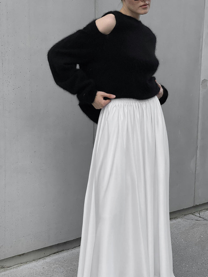 White Elastic waist gathered maxi skirt with side pockets