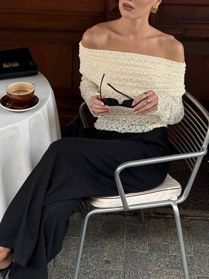 Off-shoulder ruched lace top with long sleeves
