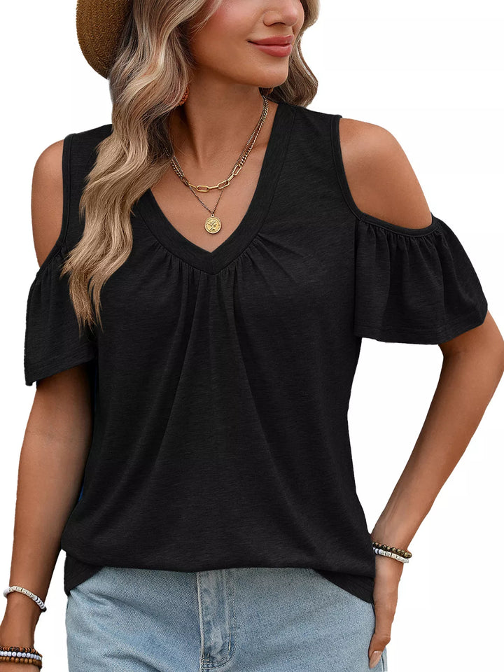 Black Cold shoulder V-neck top with ruched chest and ruffle sleeves