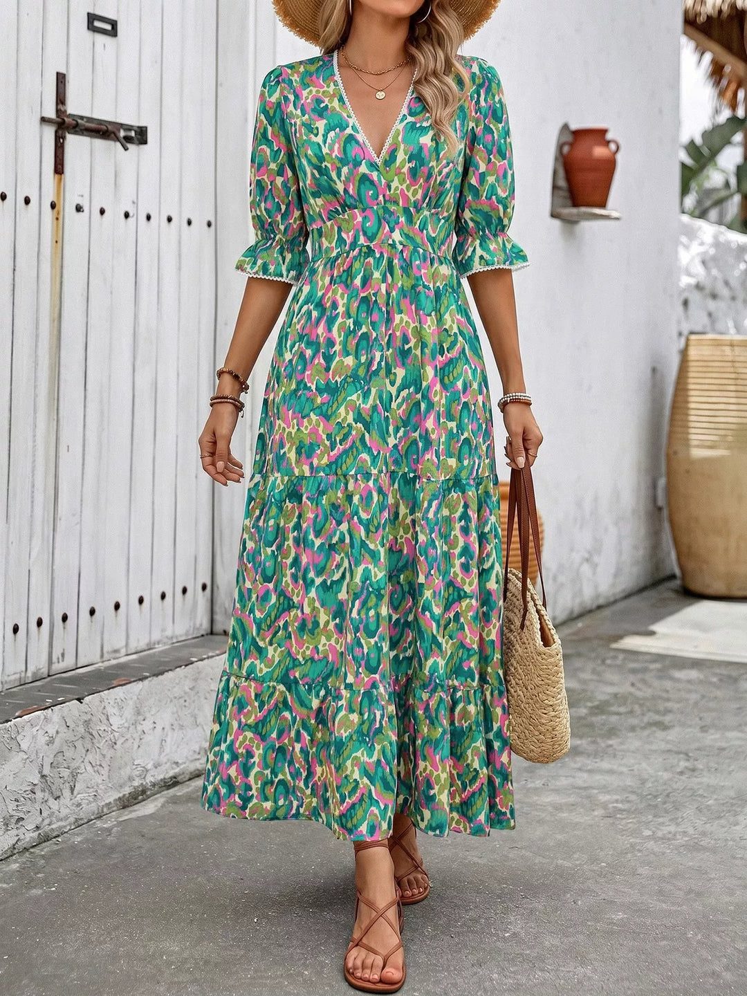 Abstract print v-neck flounce sleeve tiered maxi dress