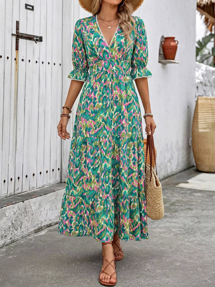 Abstract print v-neck flounce sleeve tiered maxi dress