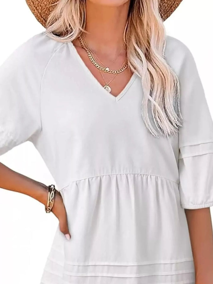 V-neck puff sleeve denim mini dress with pintuck pleating