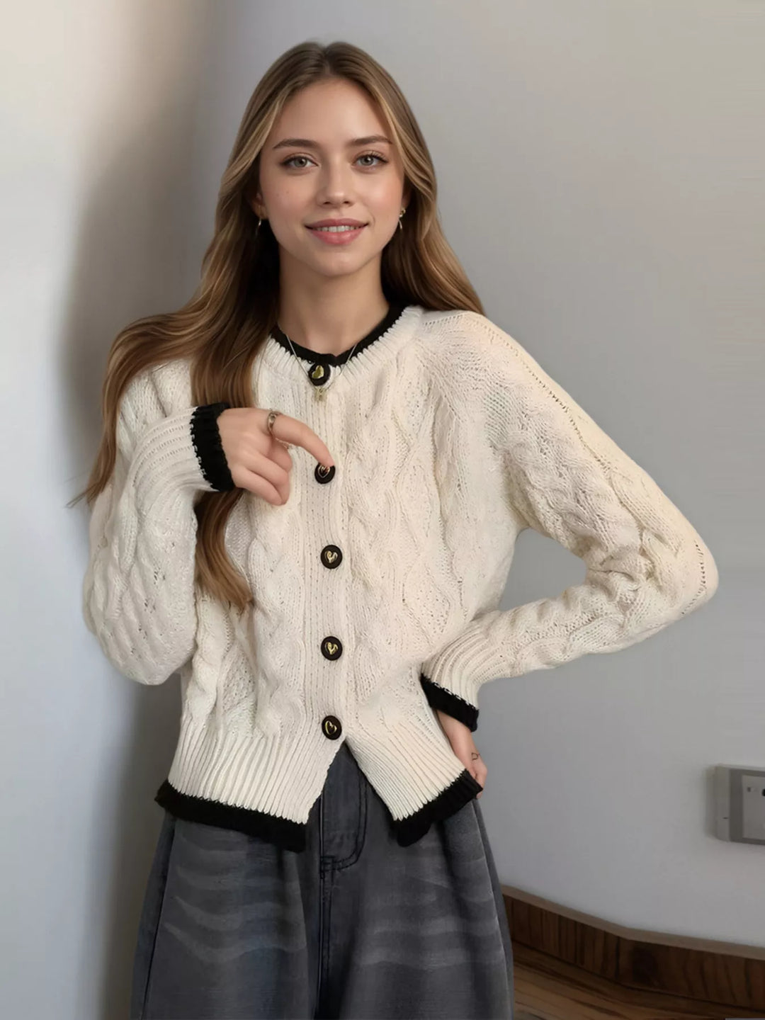 Cable knit button-up cardigan with contrast trim